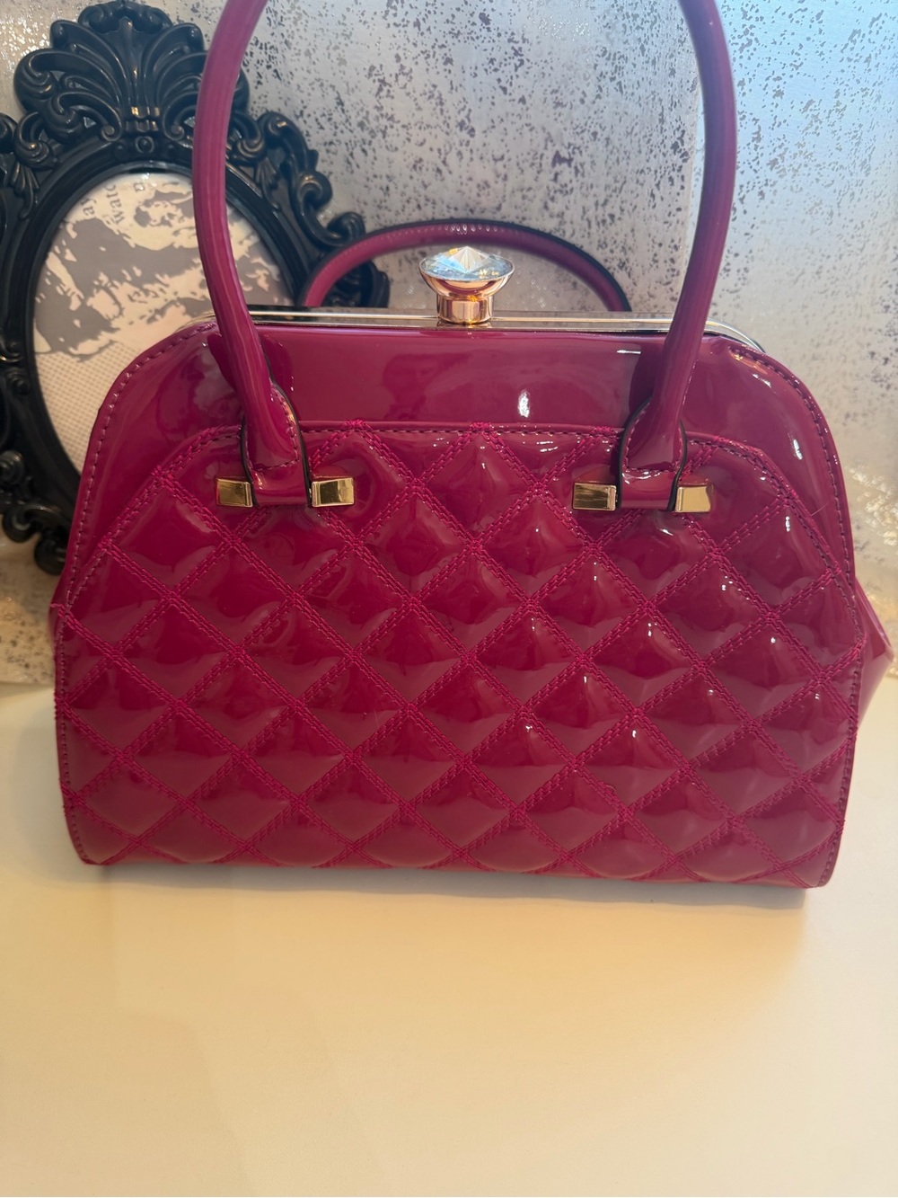 Elegant and Chic Quilted Patent Fuchsia Satchel withLarge Crystal Accents
